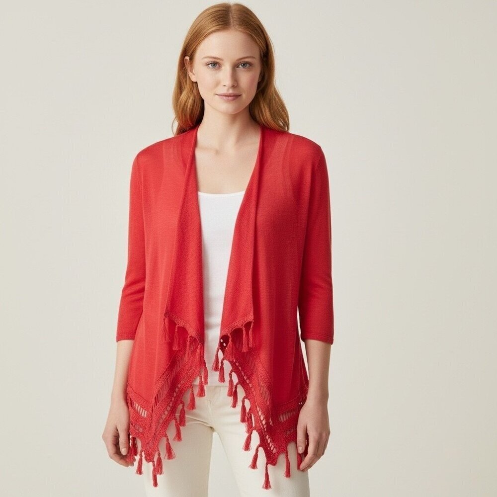 Chico’s Coral Linen Blend Open Front Tassel Cardigan Lightweight Size 1 Medium